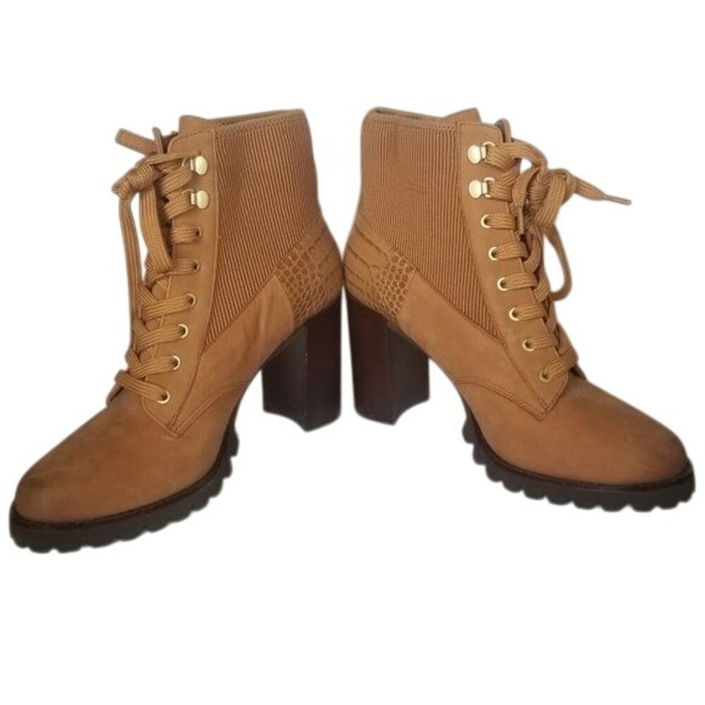 Gibson Latimer Chunky Platform Ankle Boots Sz 9 Tan Croc Embossed Block Heel Y2K - Picture 4 of 6
